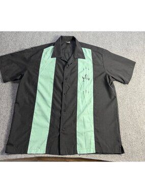 Steady Last Call Mens Button-Up Retro Bowling Shirt 2X Black & Mint Green Polyes